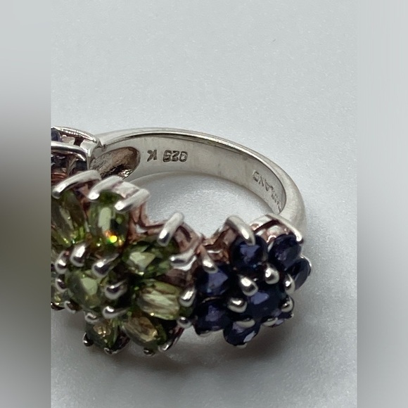 STERLING Amethyst Peridot Cocktail Silver Ring Huge 3 Flower Sz 5 Vintage - Picture 7 of 11